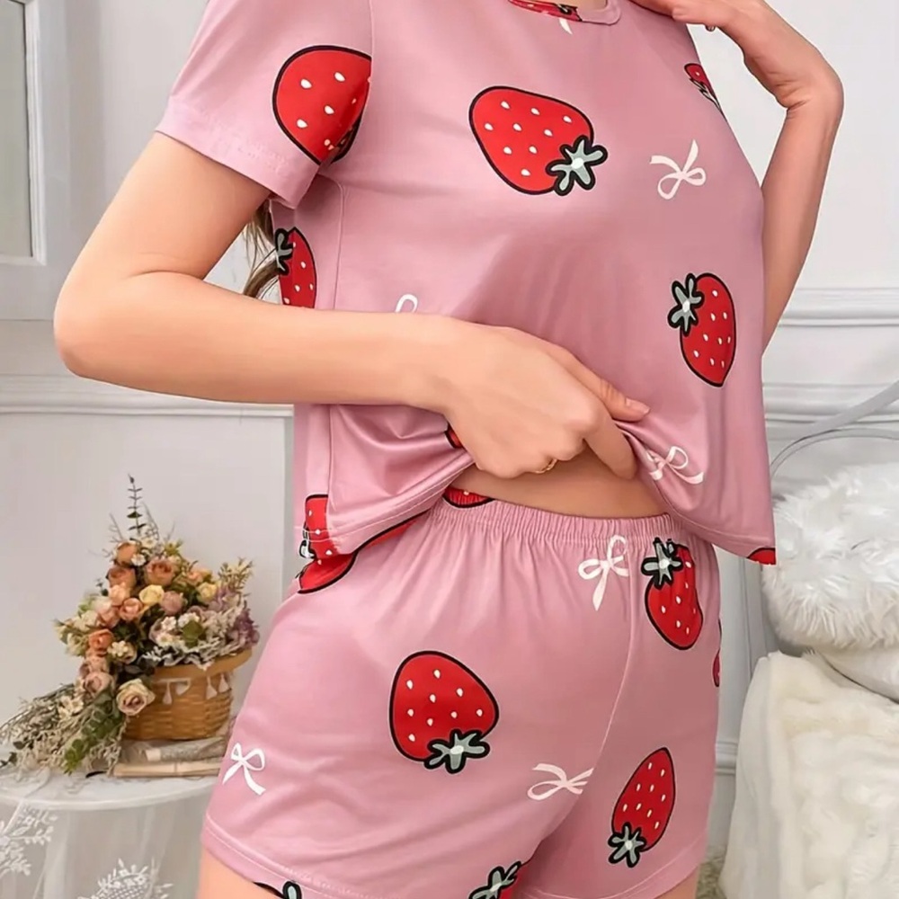Strawberry Pajamas Short Sleeves Shorts Pants Pink Red White Women’s Size XL - Picture 6 of 10